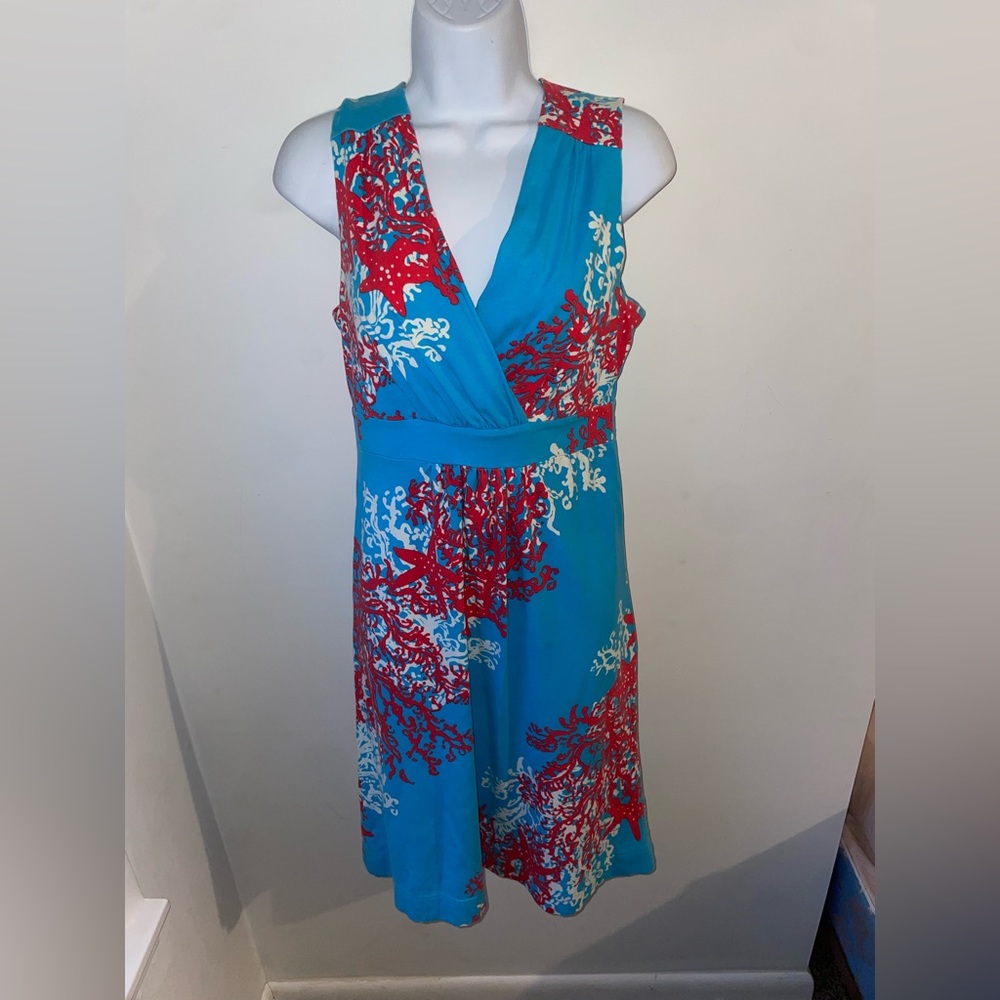 Lilly Pulitzer Size M Dress Jia Turquoise Coral Cascade Sleeveless Jersey Knit J